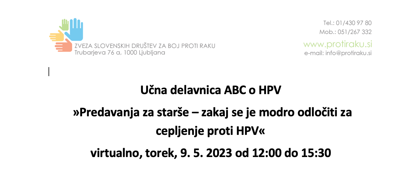 Vabilo na učno delavnico ABC o HPV:  »Predavanja za starše – zakaj se je modro odločiti za cepljenje proti HPV«